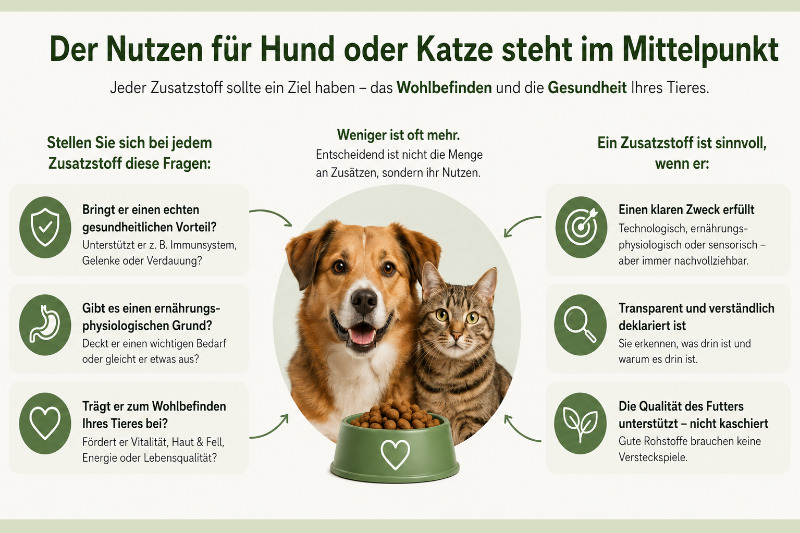 Bei Zusatzstoffen sollte der Nutzen für Hund oder Katze im Mittelpunkt stehen