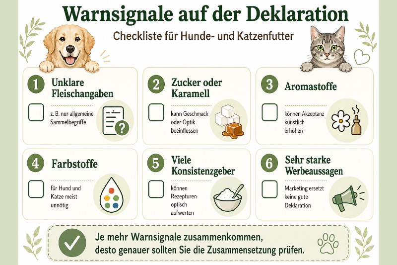 Checkliste mit Warnsignalen auf der Deklaration von Hunde- und Katzenfutter