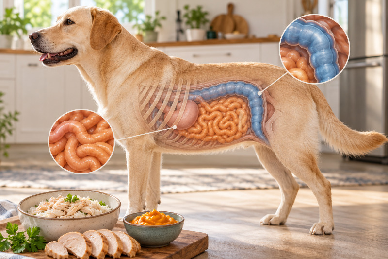 Hund in Seitenansicht mit schematischer Darstellung von Magen, Dünndarm und Dickdarm, davor Huhn mit Reis und Kürbispüree