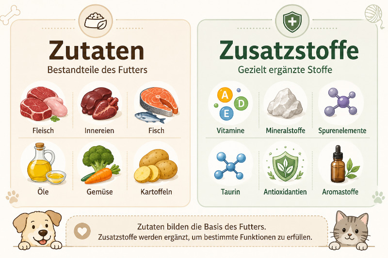 Unterschied zwischen Zutaten und Zusatzstoffen im Hunde- und Katzenfutter