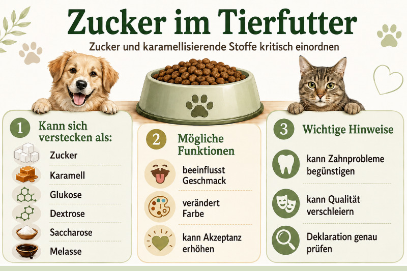 Zucker und karamellisierende Stoffe als kritische Zusätze im Hunde- und Katzenfutter
